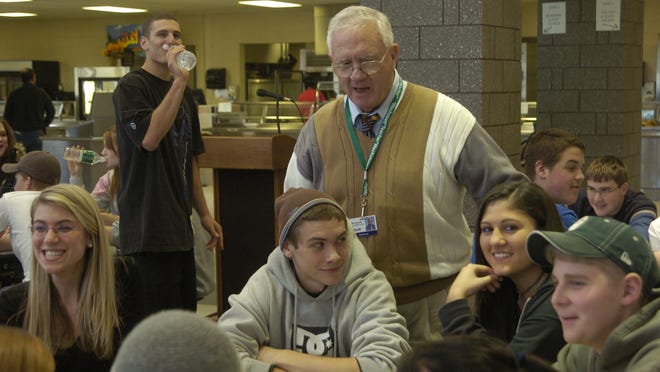 Hal Lane, center, in the cafeteria at Wachusett Regional High School in 2006.