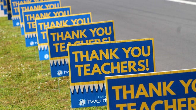 Thank You Teachers signs are placed by Two Rivers Church at the Craven County Board of Education office at 3600 Trent Road in New Bern, NC. Community support shows across Craven County as state mandates are in order because of the COVID-19 pandemic.