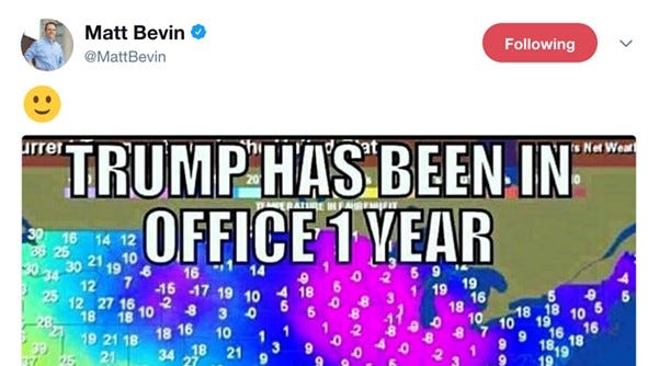 Gov. Matt Bevin's tweet about climate change, posted on Jan. 5, 2018.