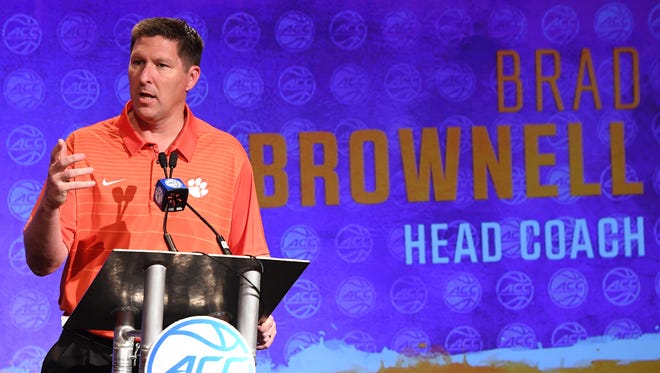 Clemson head basketball coach Brad Brownell answers questions during a news conference at the 2017 ACC Operation Basketball in Charlotte, N.C., Wednesday, October 25, 2017.