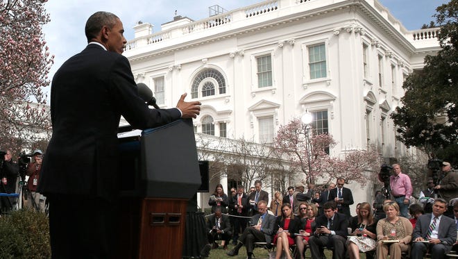 President Obama, talking to members of the press at the White House Rose Garden Thursday, April 2, 2015, said a framework agreement between world powers and Iran would make the USA and the world safer if it results in a final agreement that curbs Iran's nuclear program.