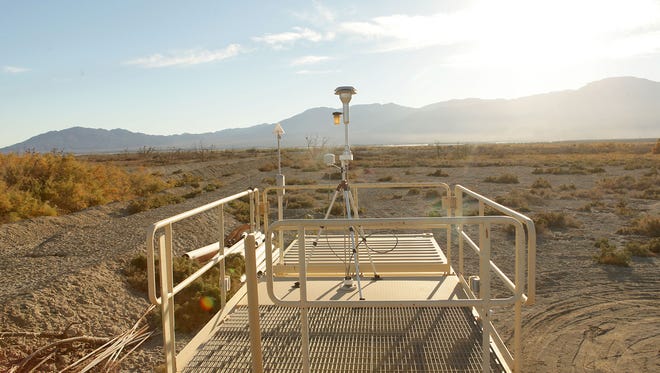 A monitoring station measures dust and weather conditions near the northern shore of the Salton Sea, on Torres Martinez tribal land.