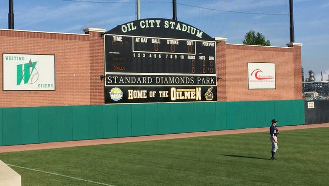 The left field wall at Whiting's Oil City Stadium, site of a Class 2A regional.