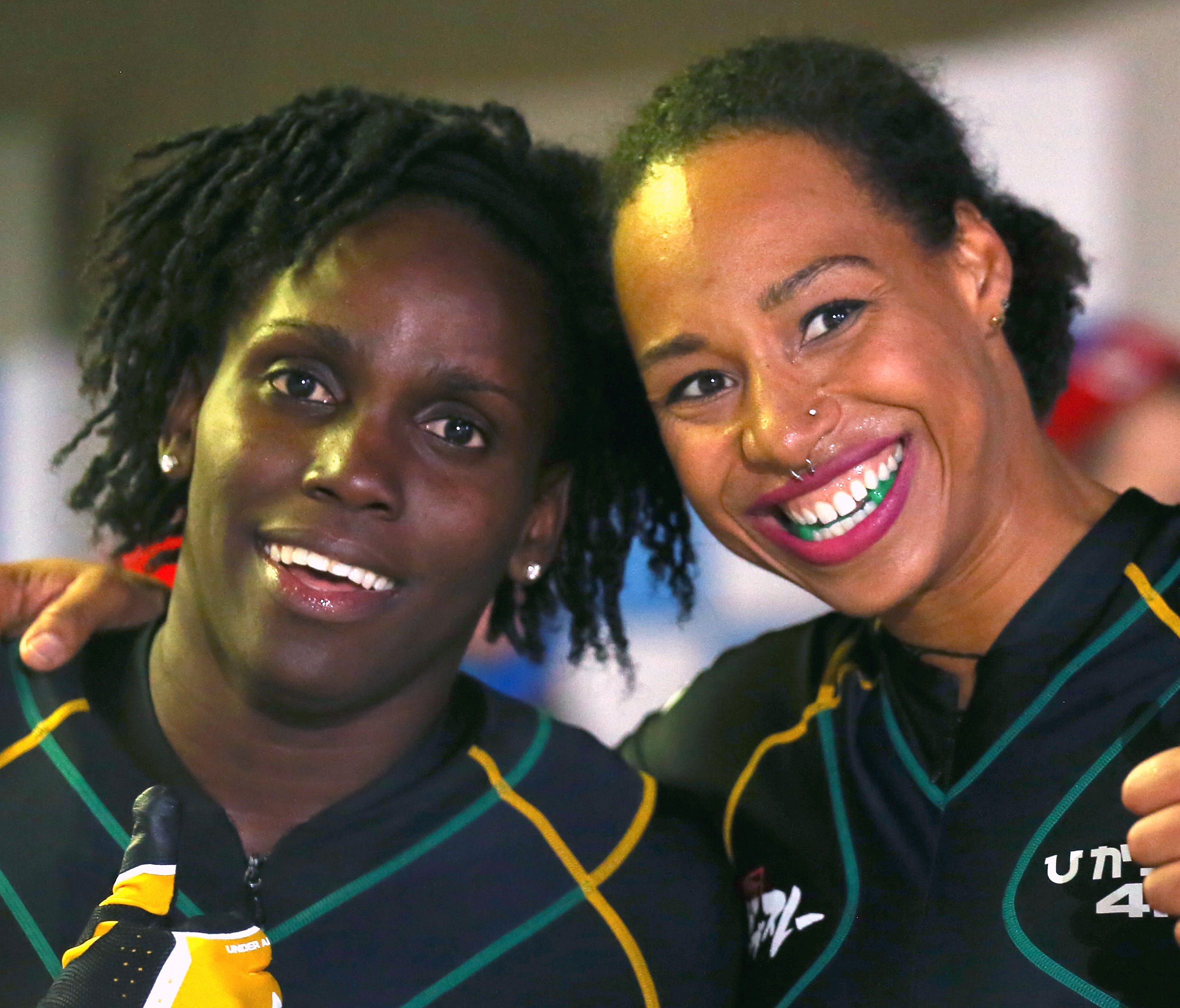 Jazmine Fenlator-Victorian and Carrie Russell of Jamaica during the BMW women`s bobsled World Cup.