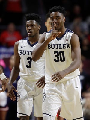 Butler's Kelan Martin gestures after a play against Arizona during the second half Friday, Nov. 25, 2016, in Las Vegas. Butler won 69-65.