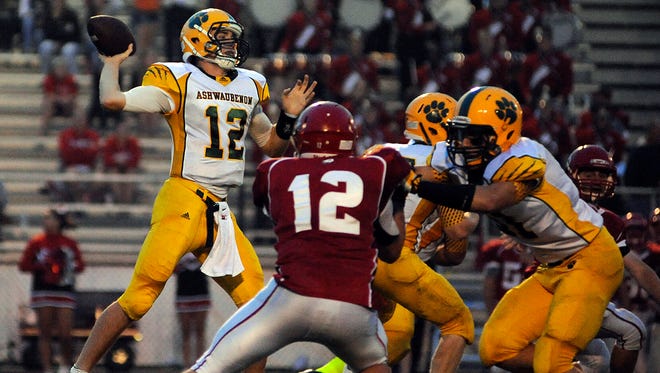 Ashwaubenon quarterback James Morgan looks for an open receiver during a football game against Manitowoc on Friday, Aug. 29, 2014 at Ron Rubick Municipal Field in Manitowoc.