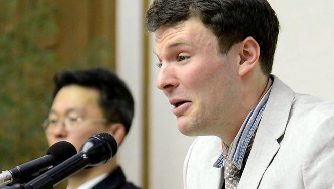 U.S. student Otto Warmbier is pictured speaking at a press conference in Pyongyang.  
North Korea.