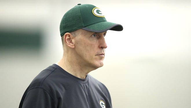 Offensive coordinator Joe Philbin watches Green Bay Packers rookie camp Friday, May 4, 2018, at the Don Hutson Center.