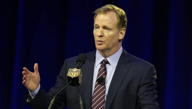 NFL commissioner Roger Goodell speaks during a press conference in advance of Super Bowl 50 between the Carolina Panthers and the Denver Broncos.