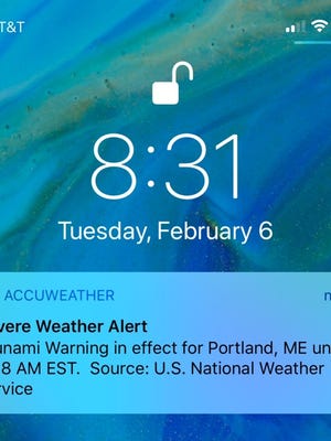 Some people on the East Coast got a push alert on their phones Tuesday, Feb. 6, 2018, about a tsunami warning, but the National Weather Service says it was just a test. Meteorologist Hendricus Lulofs said there was a glitch Tuesday during a routine test.