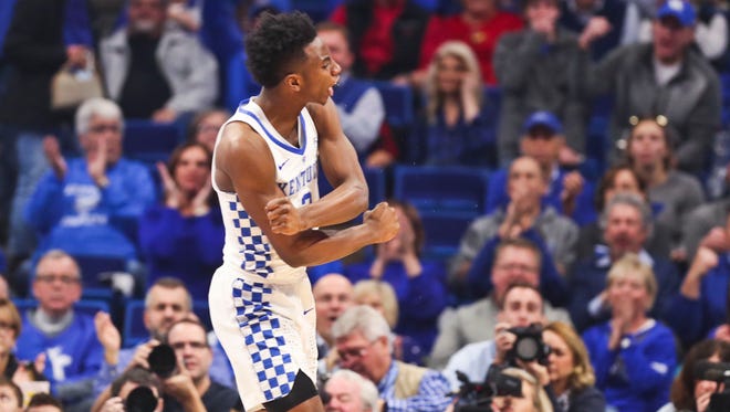 Kentucky's Hamidou Diallo yells to the crowd after slamming down two of his 14 points in the Wildcats throttling of Louisville 90-61 Dec. 29 in Rupp Arena.