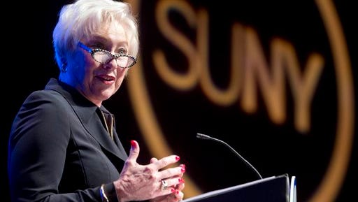 State University of New York Chancellor Nancy Zimpher delivers the State of the University address on Monday, Jan. 11, 2016, in Albany, N.Y. (AP Photo/Mike Groll)