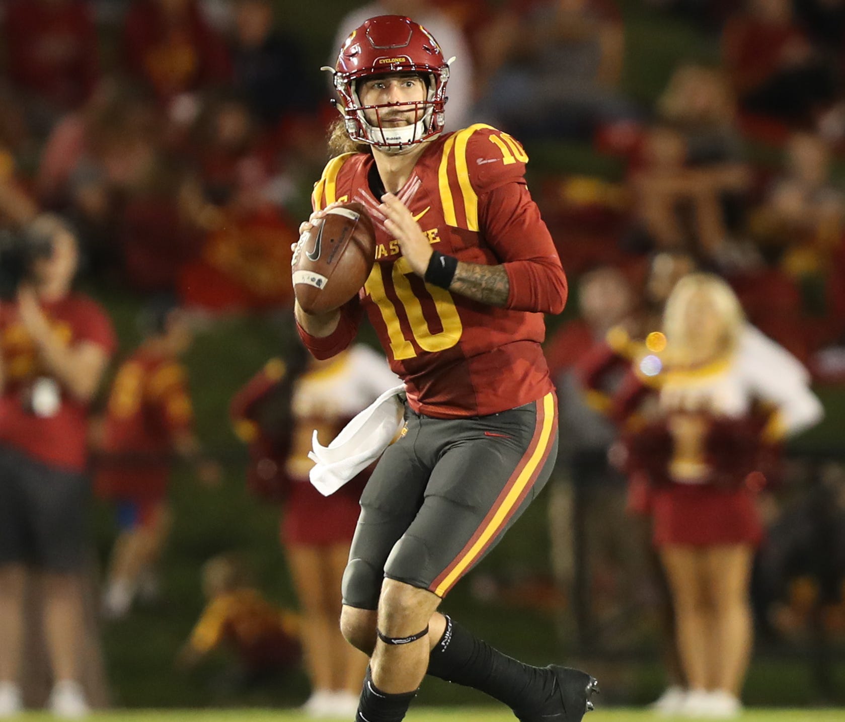 Iowa State Cyclones quarterback Jacob Park (10) throws a pass against the Texas Longhorns during the first quarter at Jack Trice Stadium.