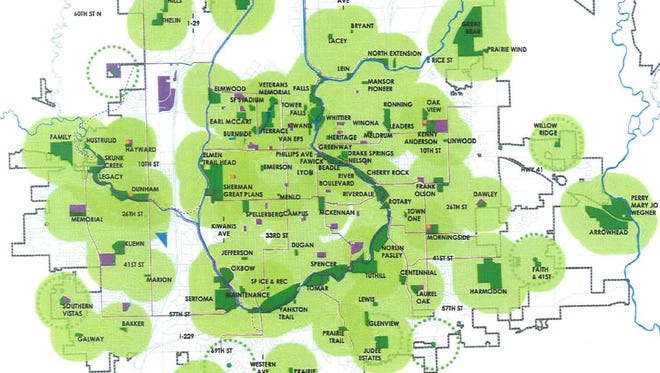 The green spaces on this map of Sioux Falls represent portions of the city within a half-mile of a park.