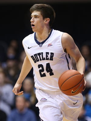 Butler's Kellen Dunham moves the ball up the court against Kennesaw State in the first half of the game at Hinkle Fieldhouse on Dec. 8, 2014.