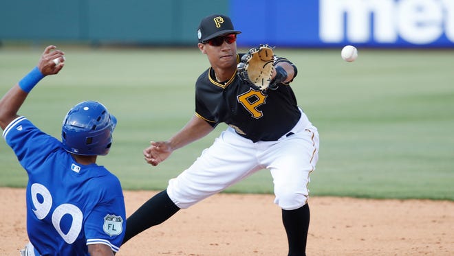 Aquinas graduate Chris Bostick, right, shown here in a spring training game in February, made his major-league debut with the Pirates in Los Angeles on May 8.