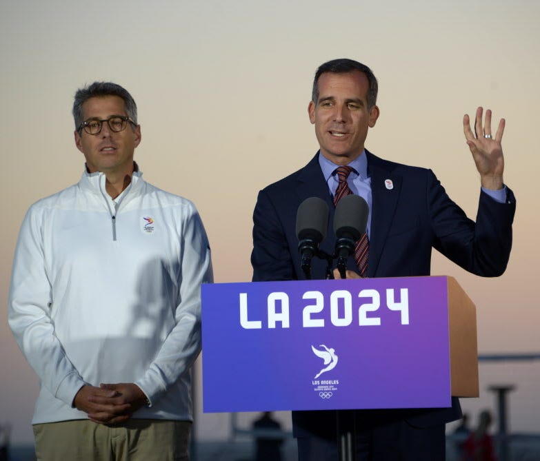 Los Angeles mayor Eric Garcetti and LA 2024 bid chairman Casey Wasserman speak about the 2024 Los Angeles Olympic Games bid at press conference at the Annenbuerg Community Beach House at Santa Monica State Beach.