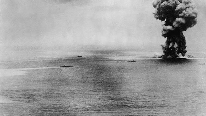 The Japanese battleship Yamato’s magazine explodes shortly after its bombing by the United States on April 7, 1945.
