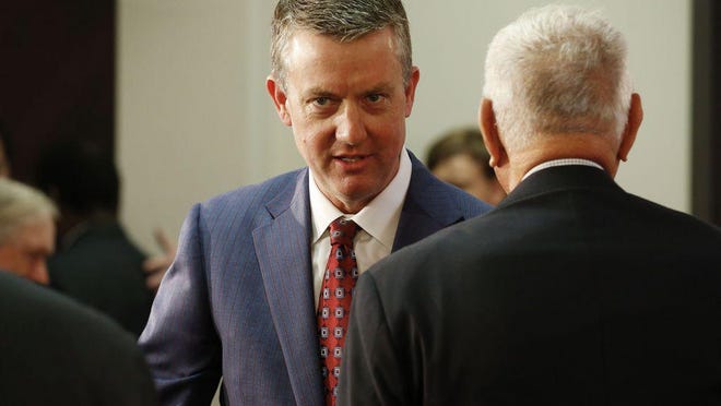 Athletics director Greg Byrne greets people as he enters the Crimson Standard Initiative press conference Aug. 16, 2018. The initiative will fund extensive renovations to Bryant-Denny Stadium and Coleman Coliseum. Alabama is preparing to resume workouts June 8, 2020.