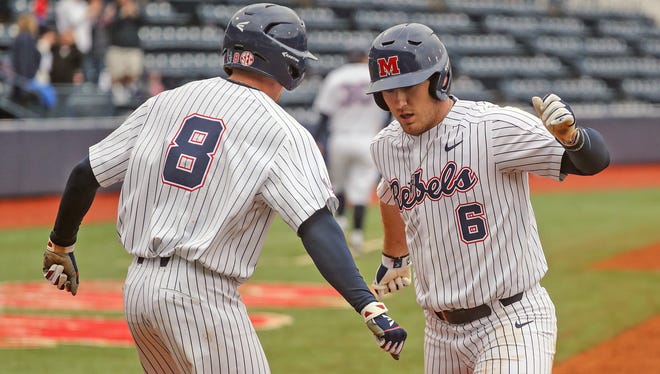 Thomas Dillard (6) came through with a clutch hit in the eighth inning of Ole Miss' 5-4 win over Texas A&M Thursday night.