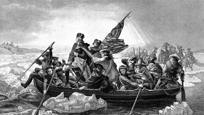 An engraved illustration of George Washington crossing the River Delaware during the American Revolutionary War, from a Victorian book dated 1886 that is no longer in copyright