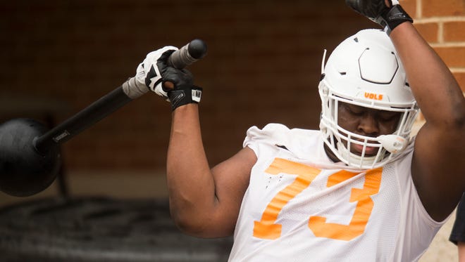 Tennessee's Trey Smith participates in a drill during the first practice of spring March 20.