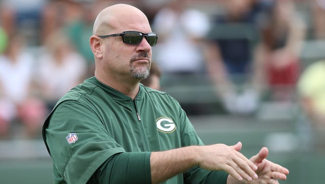 Green Bay Packers defensive coordinator Mike 
Pettine during Organized Team Activities at Ray Nitschke Field Thursday, May 31, 2018 in Ashwaubenon, Wis.