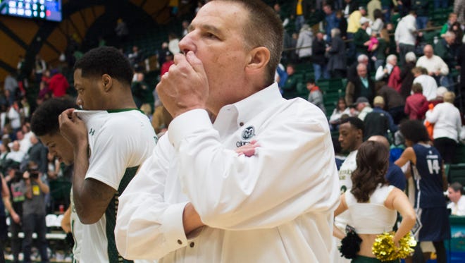CSU coach Larry Eustachy waits to return to the locker room following a 96-92 against Utah State at Moby Arena in Fort Collins Saturday, January 16, 2016. 
