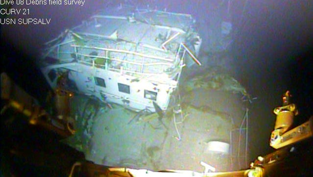 The top of El Faro navigation bridge structure with missing voyage data recorder, mast and support structures at the bottom of the Atlantic Ocean in the Bahamas.