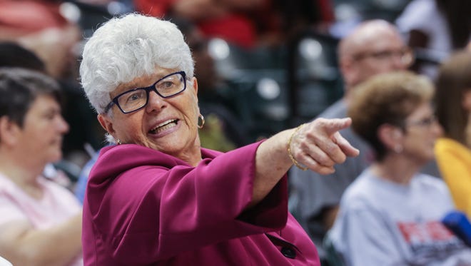 Thursday July 10th, 2014, Fever Head Coach, Lin Dunn communicates instructions to players. The Indiana Fever VS The Connecticut Sun, at Bankers Life Fieldhouse. Final score, Fever 72, Sun 68.