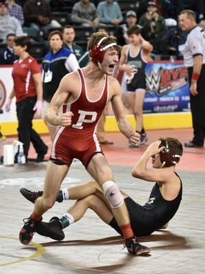 Paulsboro's Nick Duca defeats St. Peters Prep's Michael Kelly in the 106 pounds class in the semi-finals at the NJSIAA Wrestling State Championships at Boardwalk Hall in Atlantic City on Saturday.  March 5, 2016
