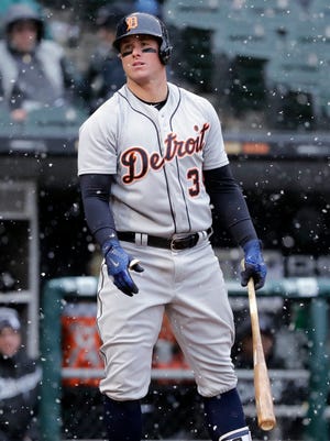 Tigers catcher James McCann reacts after striking out against the White Sox on April 5, 2018, in Chicago.