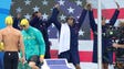 Michael Phelps (USA) leads his relay teammates to the