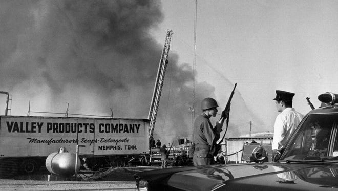 A firefighter received minor injuries when a two-alarm fire destroyed a storage warehouse of Valley Products Co. on April 6, 1968. The assassination of Dr. Martin Luther King Jr. two days before shocked the world and touched off rioting in cities nationwide. In Memphis, there were scattered reports of shooting and arson for several days. Although preliminary investigations of this fire ruled out that it was set, National Guardsmen were standing watch nearby.