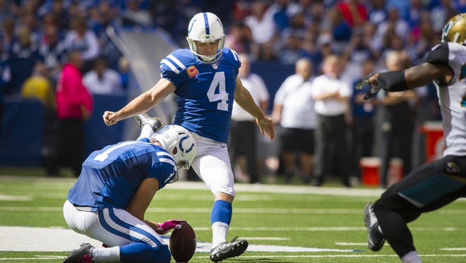 Indianapolis Colts kicker Adam Vinatieri (4) kicks a 53-yard field goal to set a new franchise scoring record during first half action of an NFL football game at Lucas Oil Sunday, Oct. 4, 2015.