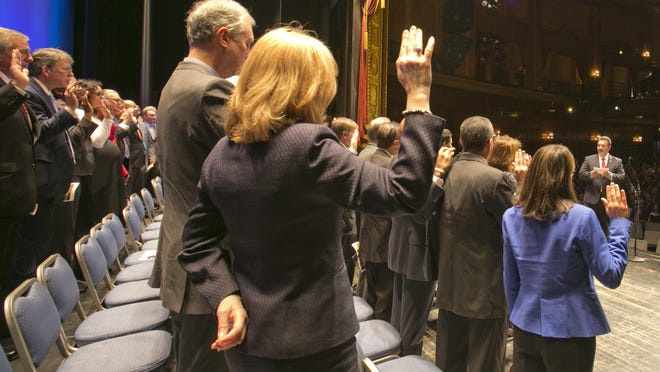 217th organization of the NJ Assembly. Members of the Assembly are sworn in by speaker Vincent Prieto (right) —January 12, 2016-Trenton, NJ.-Staff photographer/Bob Bielk/Asbury Park Press