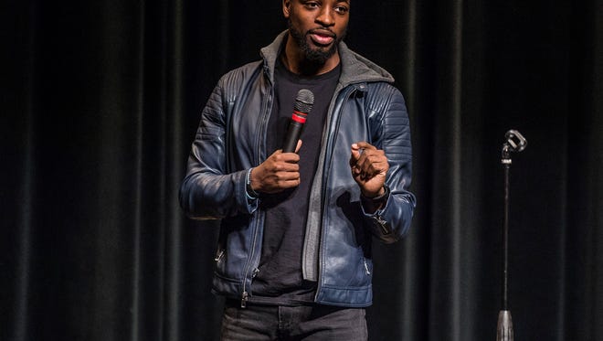 Comedian Preacher Lawson, a 2017 finalist on America's Got Talent, performs for a crowd at Earlham College's Goddard Auditorium on Sunday, Jan. 14, 2018.