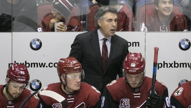 Coyotes head coach Dave Tippett looks on during the third period of the NHL game against the Maple Leafs at Gila River Arena in Glendale on Friday, December 23, 2016.