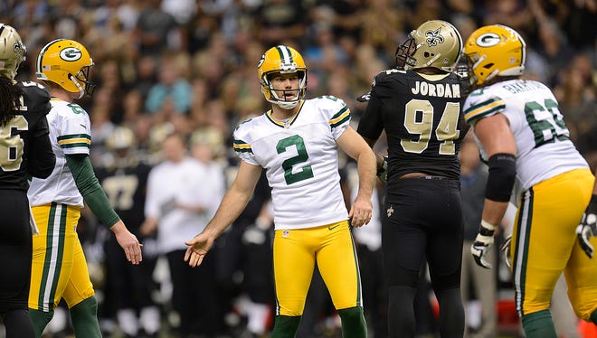 Green Bay Packers kicker Mason Crosby (2) reacts after making a field goal against the New Orleans Saints during Sunday night's game at the Superdome in New Orleans. Evan Siegle/Press-Gazette Media