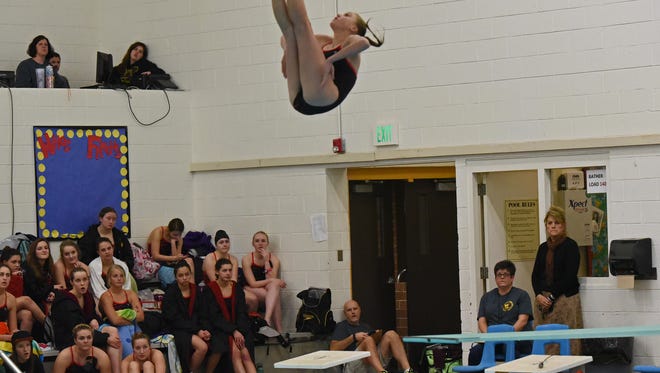 Windsor High School freshman Makena Sanger, shown earlier this season, is in her first season as a diver after years of gymnastics.