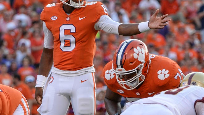 Clemson quarterback Zerrick Cooper (6) gets ready to take a snap against Boston College during the fourth quarter in Memorial Stadium at Clemson on Saturday.