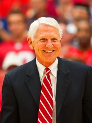 Mar 5, 2009; Tucson, AZ, USA; Former Arizona WIldcats head coach Lute Olson reacts to a speech made about him in a ceremony honoring Olson during halftime of a game against the California Golden Bears at the McKale Center.  Cal defeated Arizona 83-77.