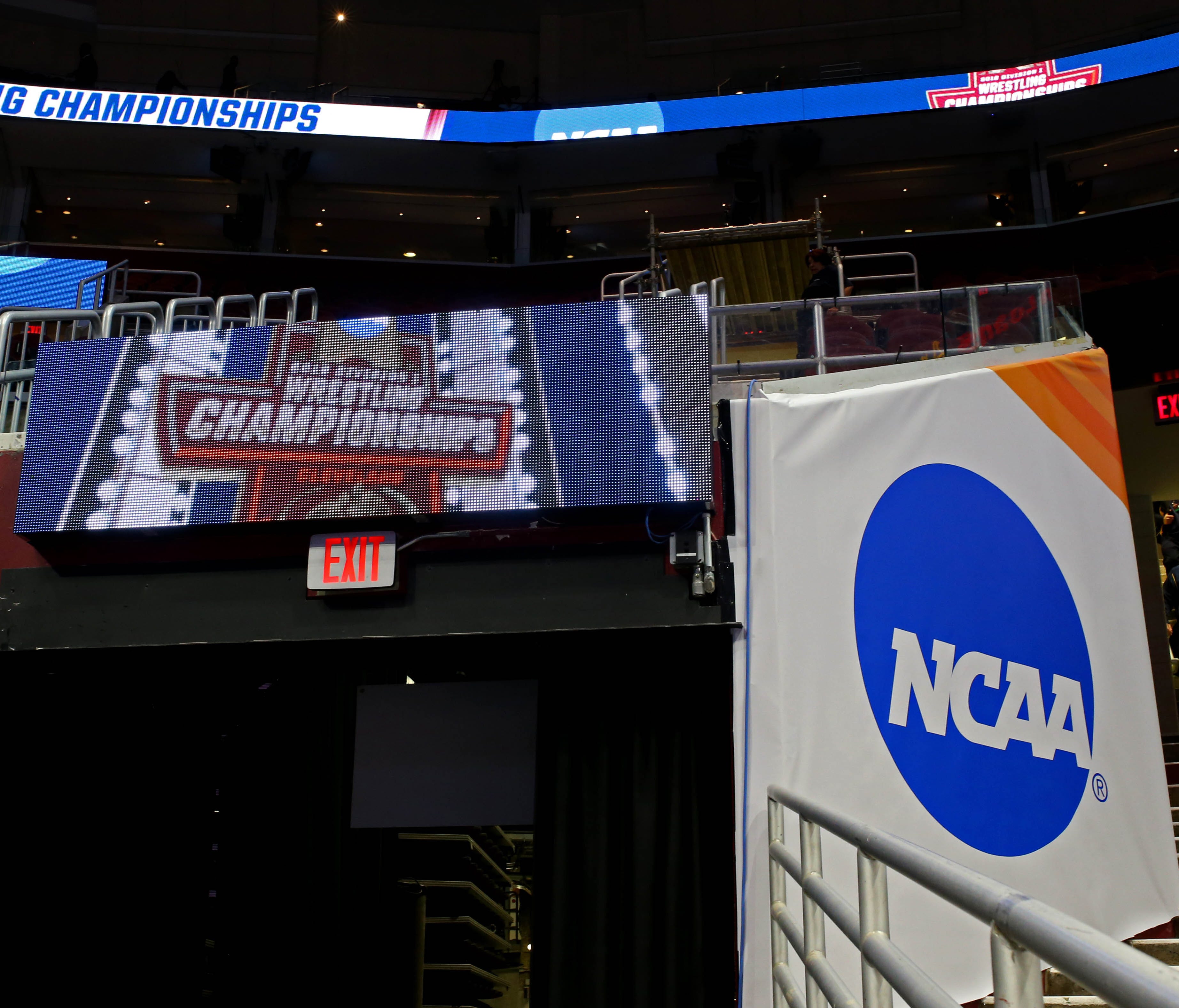Mar 15, 2018; Cleveland, OH, USA; A view of the NCAA logo on a banner prior to session two in the NCAA Wrestling DI Wrestling Championships at Quicken Loans Arena. Mandatory Credit: Aaron Doster-USA TODAY Sports ORG XMIT: USATSI-379981 ORIG FILE ID: 