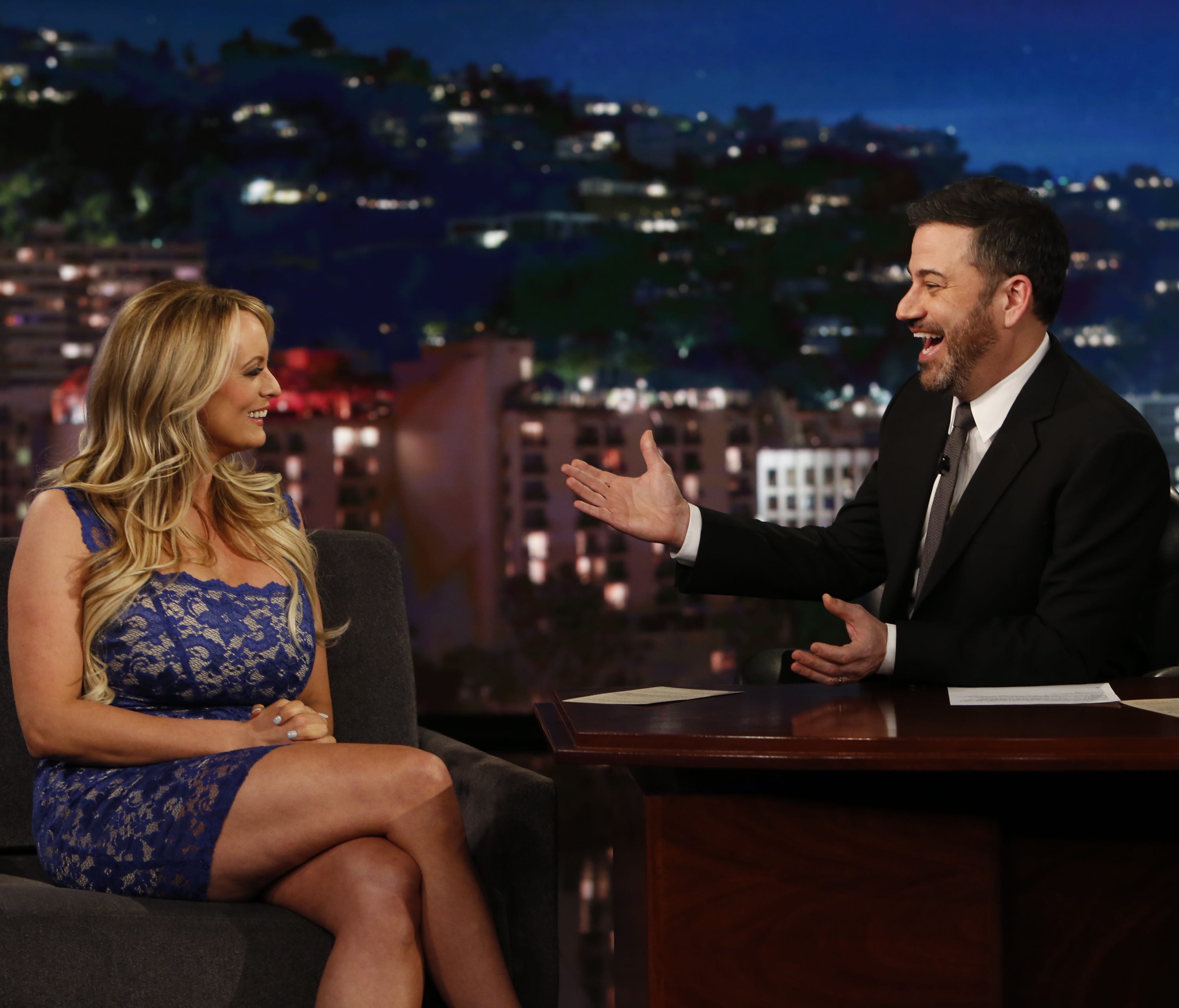 Stormy Daniels drops by to chat with Jimmy Kimmel on Tuesday.