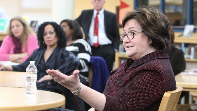 State Commissioner of Education MaryEllen Elia meets with area teachers at White Plains High School in March.