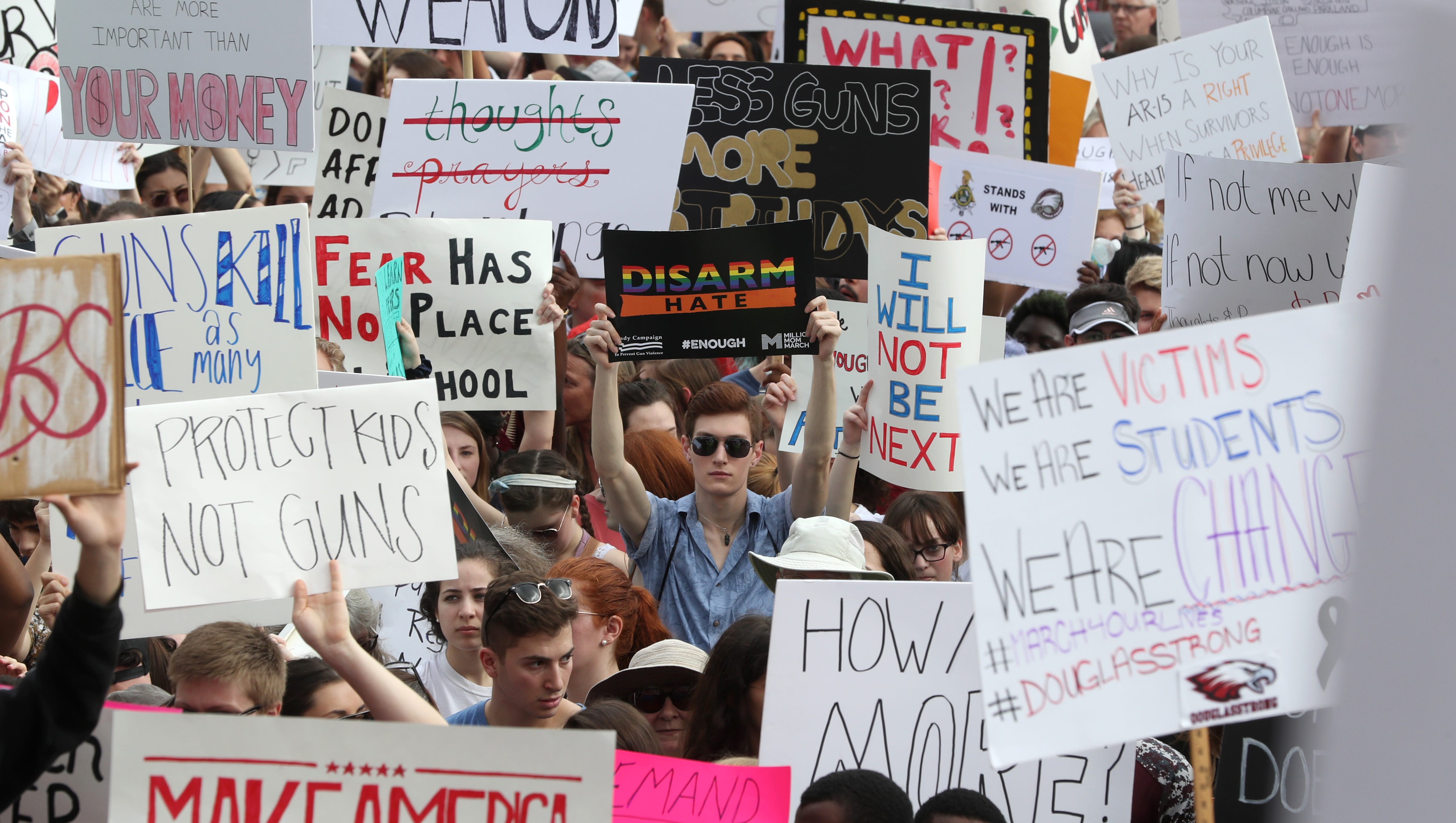 A rally against gun violence in Florida culminates at the steps of the Old Capitol in Tallahassee as Marjory Stoneman Douglas High School survivors lead the way on Wednesday, Feb. 21, 2018.