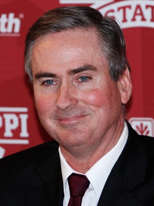 FILE - In this March 15, 2012, file photo, Mississippi State head basketball Coach Rick Stansbury attends a news conference in Starkville, Miss. Western Kentucky announced the hiring Monday, March 28, 2016, of Stansbury as its next men's basketball coach.