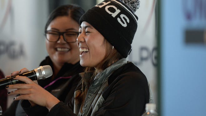 LPGA players Christina Kim, left, and Danielle Kang laugh while answering questions at a news conference Friday announcing a new LPGA event beginning in 2017 at Thornberry Creek at Oneida.
