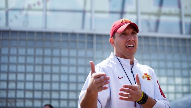 Iowa State Head Coach Matt Campbell talks to people tailgating before the ISU football teams spring game on Saturday, April 16, 2016, in Ames.