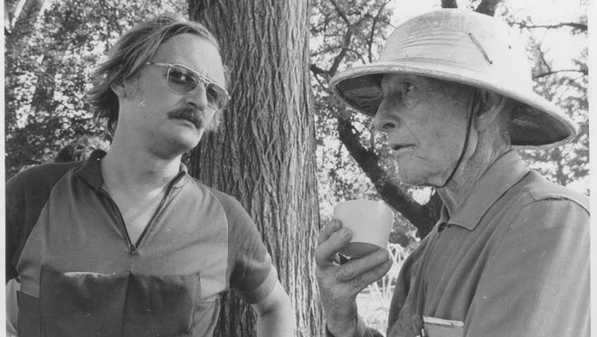 Clarence Pickard, 83, wears a pith helmet in 1973 on the first edition of what would become RAGBRAI. With him is ride co-founder Donald Kaul. Pickard became a state celebrity as he completed the sometimes grueling journey.
